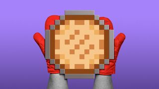 Illustration of hands with oven mitts holding a pixelated pie.